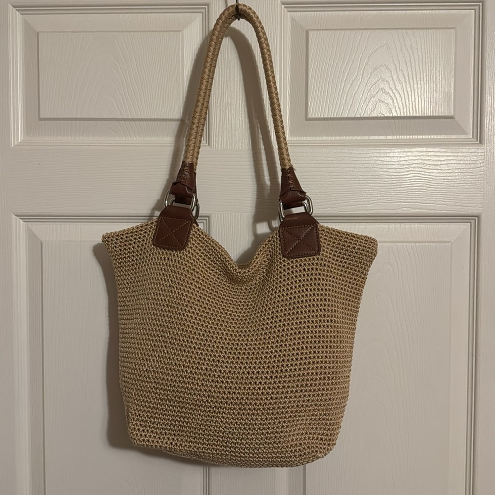 The Sak Cambria Tan Crochet Tote/Shoulder Bag with Brown Trim - Picture 2 of 9